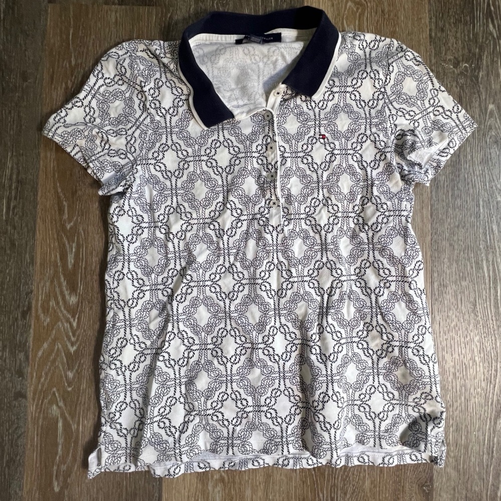 Tommy Hilfiger Polo Shirt Womens M White Navy Rope Print Short Sleeve Nautical